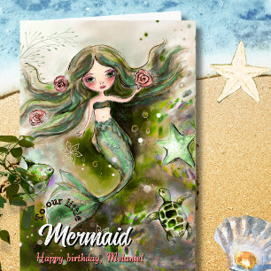 Whimsical Watercolor Mermaid & Sea Turtle Birthday Holiday Card
