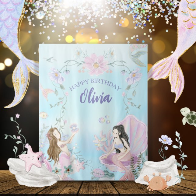 Whimsical Watercolor Mermaids Birthday Party Tapestry (Creator Uploaded)