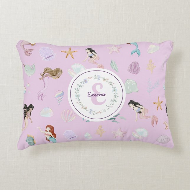 Whimsical Watercolor Mermaids Monogram Decorative Cushion (Front)