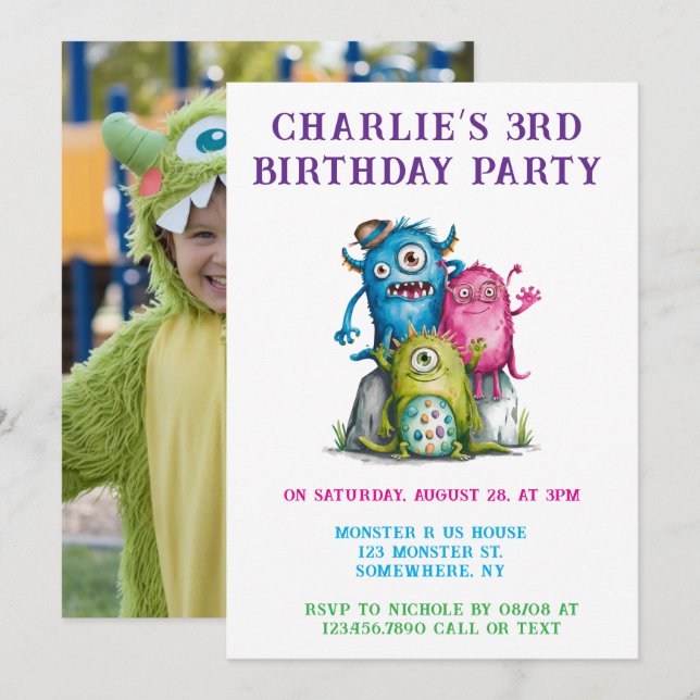 Whimsical Watercolor Monsters Kid's Birthday Party Invitation (Front/Back)