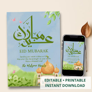 Whimsical Watercolor Mosque Illustration Eid Card