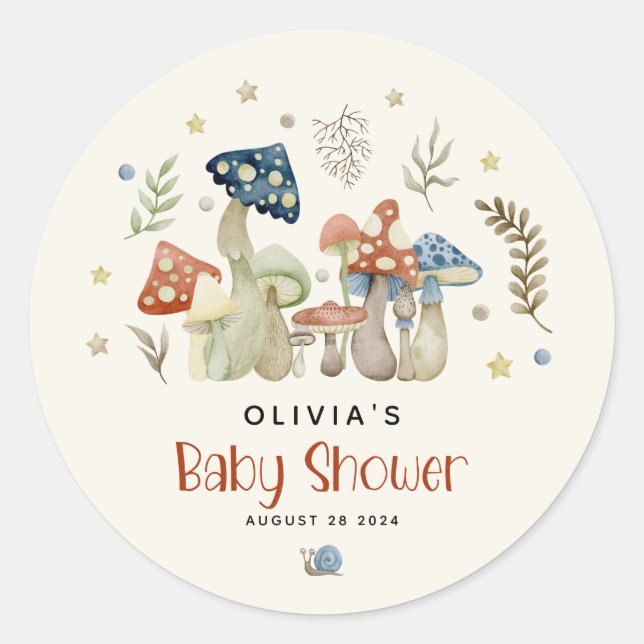 Whimsical Watercolor Mushroom Baby Shower  Classic Round Sticker (Front)