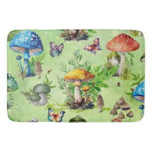 Whimsical Watercolor Mushroom Garden Bath Mat