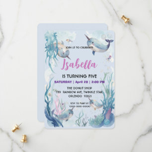 Whimsical Watercolor Narwhal fish Unicorn of the Save The Date