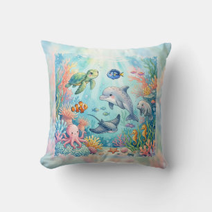 Whimsical Watercolor Ocean Animals Under the Sea Cushion