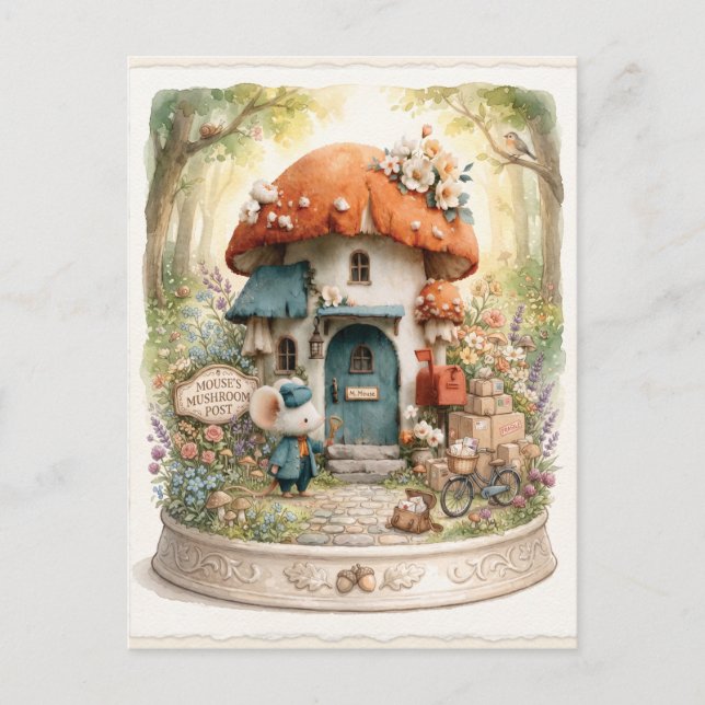 Whimsical Watercolor of a Mouse Post Office Postcard (Front)