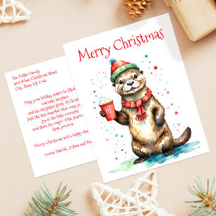 Whimsical Watercolor Otter Family Christmas Holiday Postcard
