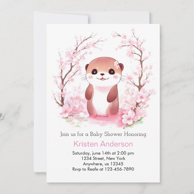 Whimsical Watercolor Otter Girl Baby Shower Invitation (Front)