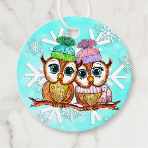 Whimsical Watercolor Owls Christmas Gift Tag