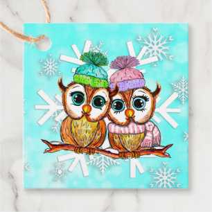 Whimsical Watercolor Owls Christmas Gift Tag