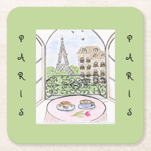 Whimsical Watercolor Paris Eiffel Tower Square Paper Coaster