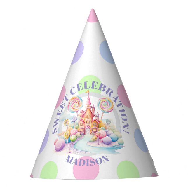 Whimsical Watercolor Pastel Candyland Birthday Party Hat (Front)