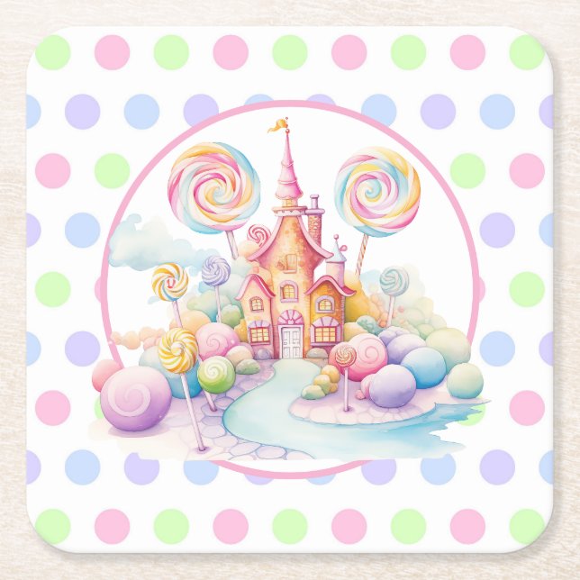Whimsical Watercolor Pastel Candyland Birthday Square Paper Coaster (Front)
