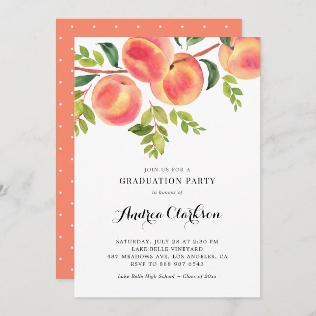 Whimsical Watercolor Peaches Graduation Party Invitation (Front/Back)