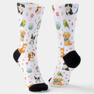 Whimsical Watercolor Pets Pattern Socks 