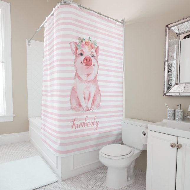 Whimsical Watercolor Pig Pink Stripes Shower Curtain (In Situ)