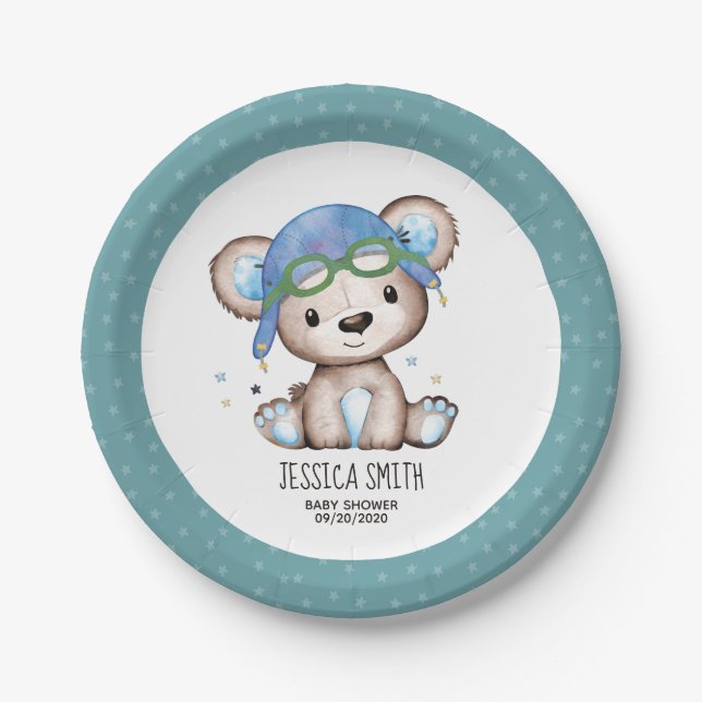 Whimsical Watercolor Pilot Teddy Bear Paper Plate (Front)