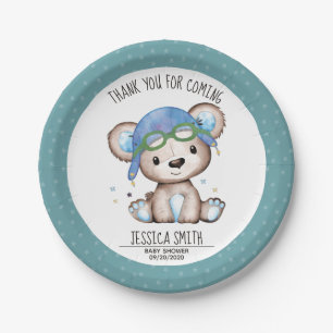 Whimsical Watercolor Pilot Teddy Bear Paper Plate
