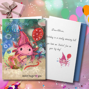 Whimsical Watercolor Pink Axolotl Cute Kids Holiday Card