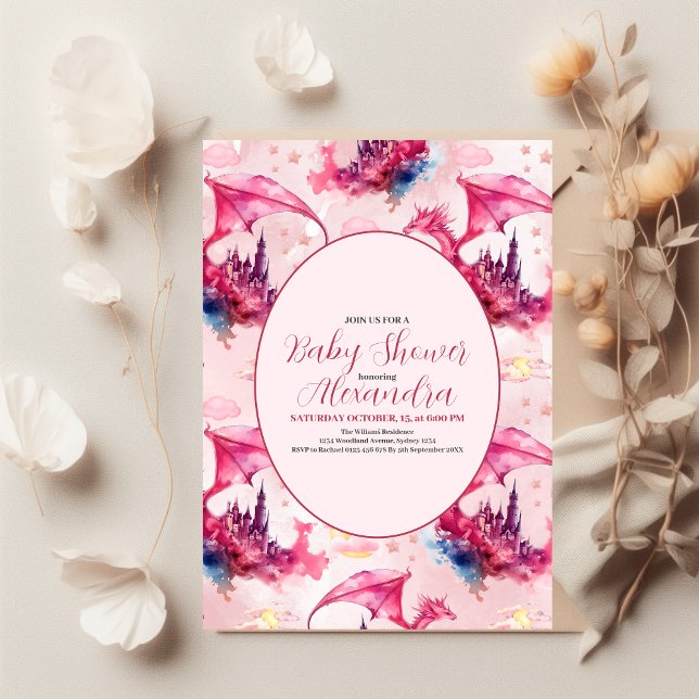 Whimsical Watercolor Pink Dragon Baby Shower  Invitation (Creator Uploaded)