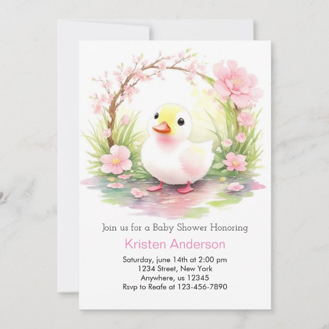 Whimsical Watercolor Pink Duck Girl Baby Shower Invitation (Front)