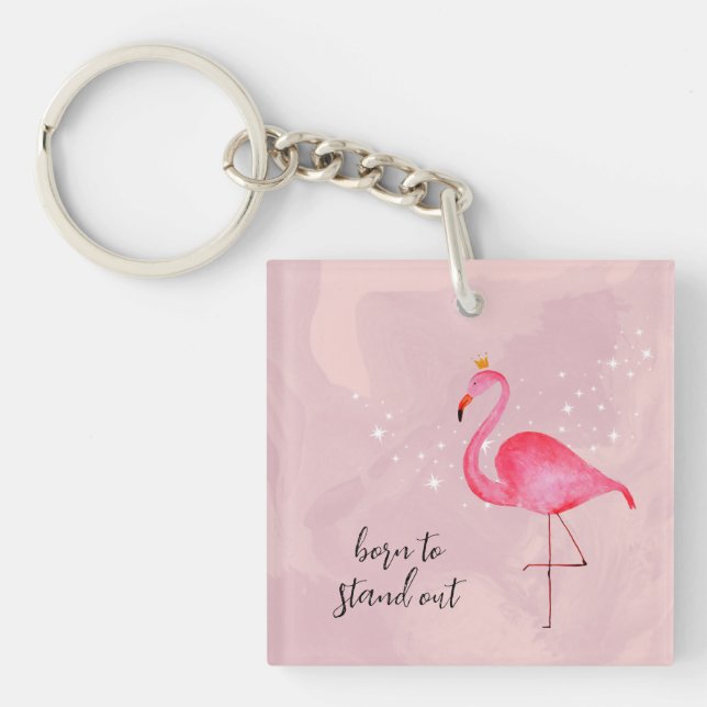Whimsical Watercolor Pink Flamingo Keychain (Front)