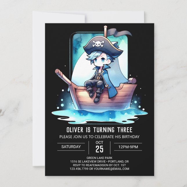Whimsical Watercolor Pirate Birthday Invitation (Front)