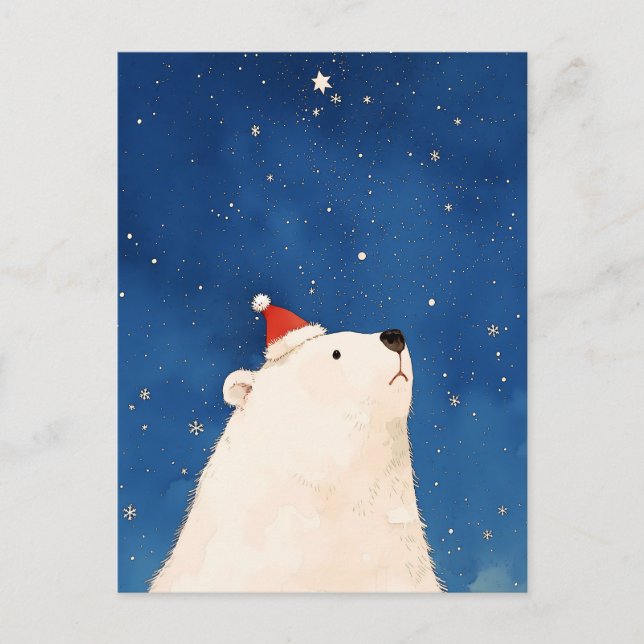 Whimsical Watercolor Polar Bear Starry Night Postcard (Front)