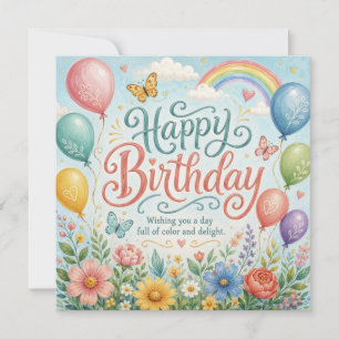 Whimsical Watercolor Rainbow Balloons Floral Card