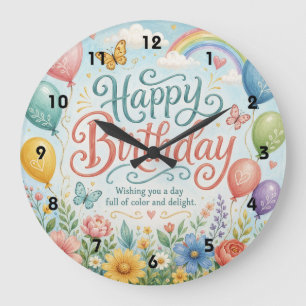Whimsical Watercolor Rainbow Balloons Floral Large Clock