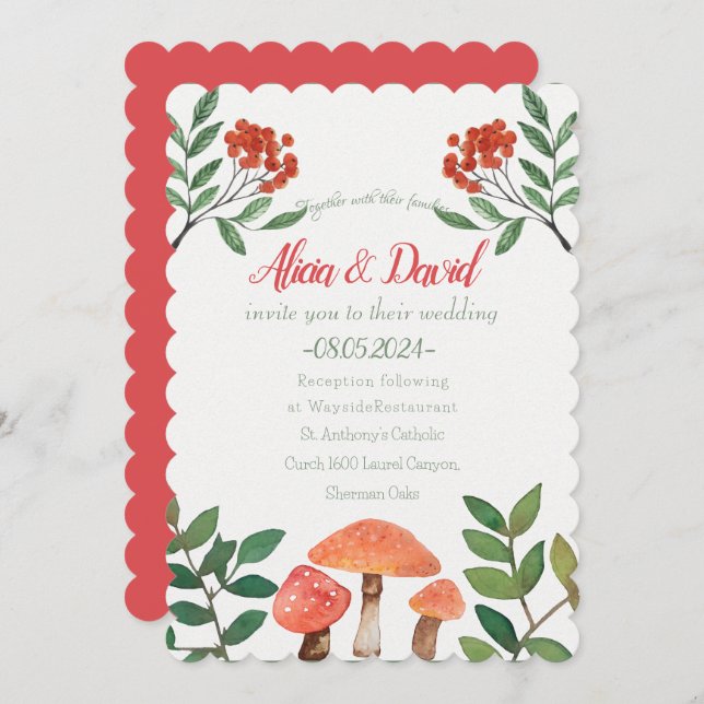 Whimsical Watercolor Red Mushroom Wedding  Invitation (Front/Back)