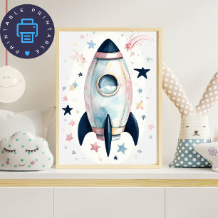 Whimsical Watercolor Rocket Ship with Pastel Stars Poster