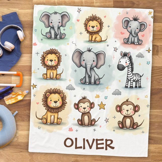 Whimsical Watercolor Safari Animal Doodles Fleece Blanket (Creator Uploaded)