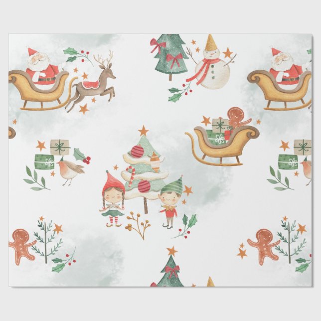 Whimsical Watercolor Santa Elves Pattern  Wrapping Paper (Flat)