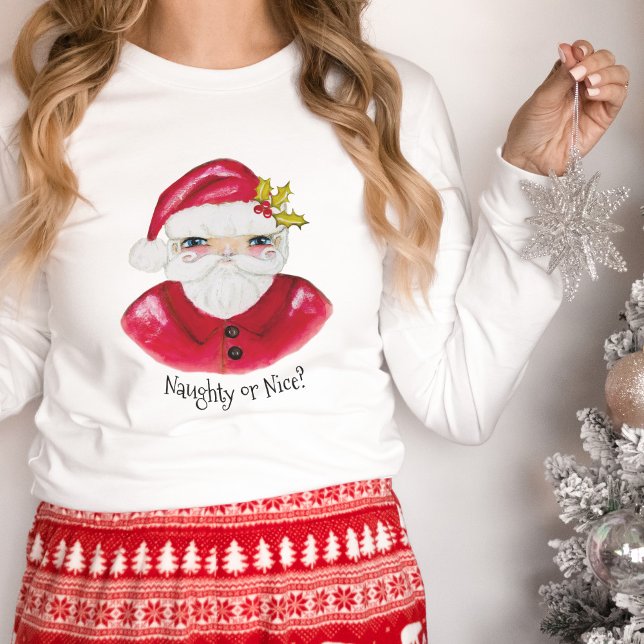 Whimsical Watercolor Santa Naughty Nice Christmas T-Shirt (Creator Uploaded)
