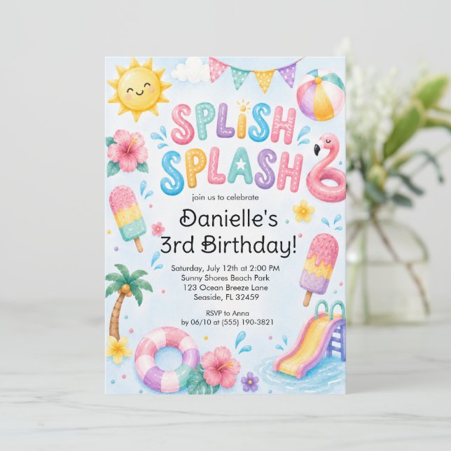 Whimsical Watercolor Splish Splash Birthday  Invitation (Standing Front)
