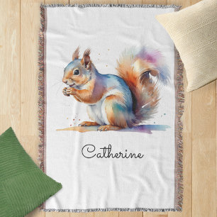 Whimsical Watercolor Squirrel Personalized Throw Blanket