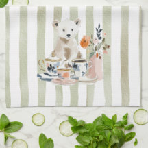 Whimsical Watercolor Tea Time Bear Kitchen Towels