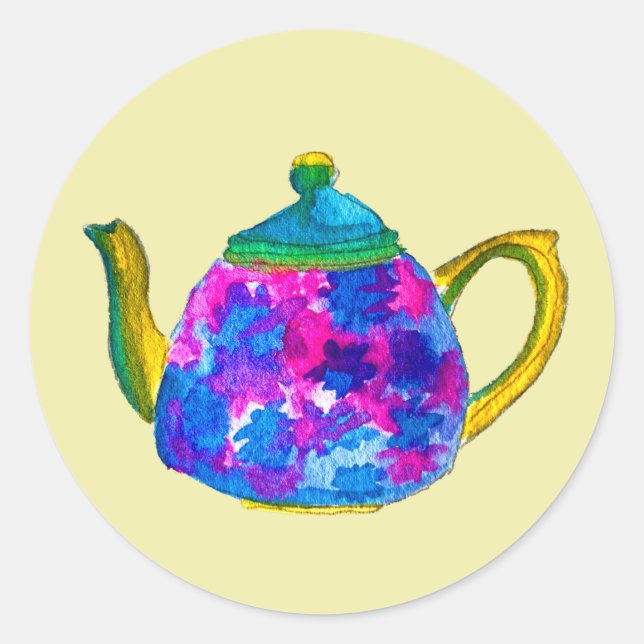 Whimsical watercolor teapot classic round sticker (Front)