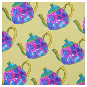 Whimsical watercolor teapot fabric