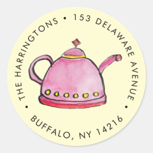 Whimsical Watercolor Teapot Tea Fan Return Address Classic Round Sticker