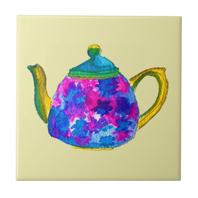 Whimsical watercolor teapot tile (Front)
