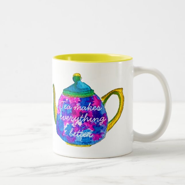 Whimsical watercolor teapot Two-Tone coffee mug (Right)