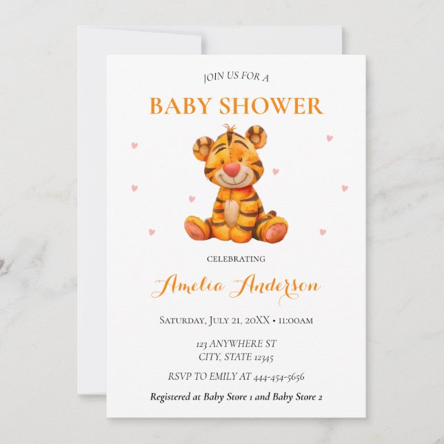 Whimsical Watercolor Tiger Plush Baby Shower Invitation (Front)