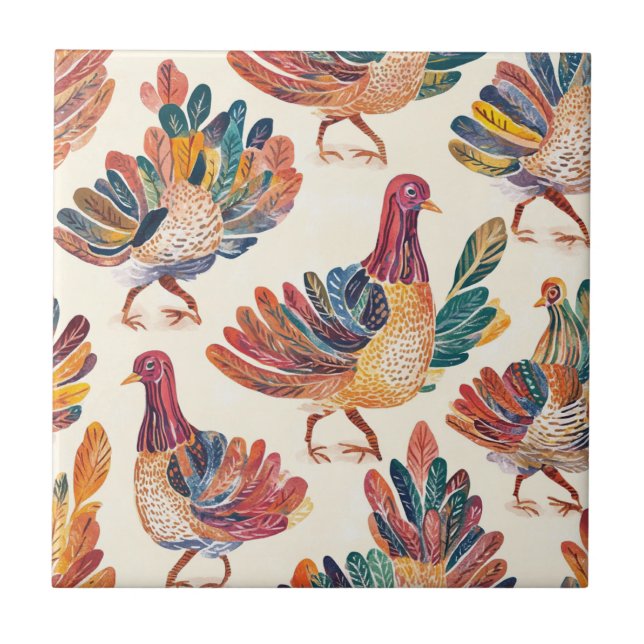 Whimsical Watercolor Turkey – Autumn Thanksgiving Tile (Front)