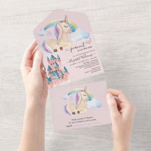 Whimsical Watercolor Unicorn Castle All In One Invitation