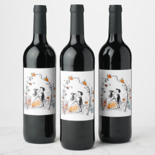 Whimsical Watercolor Wedding Couple & Floral Arch Wine Label
