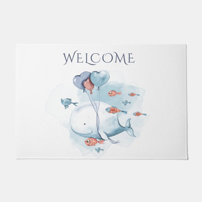 Whimsical Watercolor Whale and Fishes   Doormat (Front)