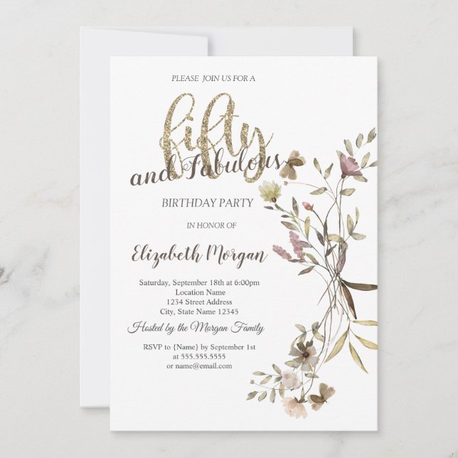 Whimsical Watercolor Wildflower 50th Birthday Invitation (Front)