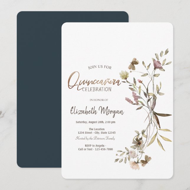 Whimsical Watercolor Wildflower Quinceañera   Invitation (Front/Back)